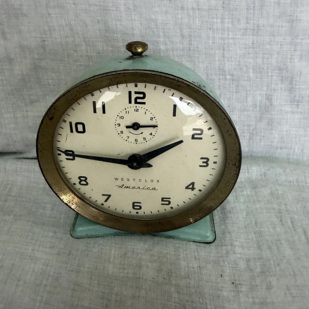 Vintage Westclox America Desktop Alarm Clock Turquoise Green Stand Made In USA